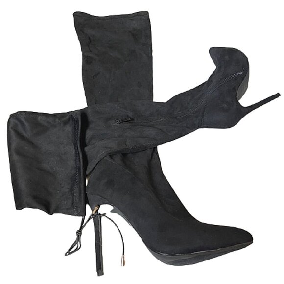 🖤 Statement Style Pointed Toe Thigh-High Silhouette Black SU Stiletto Boots - Picture 5 of 7